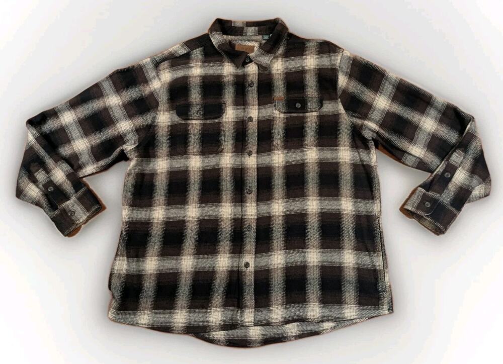 Orvis Plaid Flannel Shirt Jacket Men’s XXL Brown Black Button Up Heavy Weight